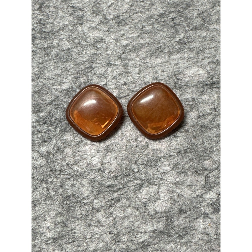 Vintage Chunky Square Stud Earrings Amber Swirl Faux Tortoise Shell Lucite 3/4"
